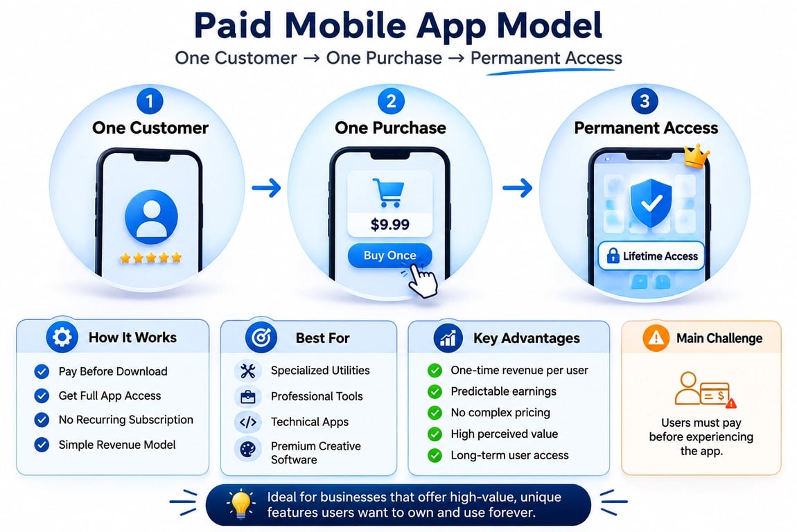 Paid mobile app business model infographic showing one customer making a one-time purchase for permanent app access, with benefits, ideal use cases, and the main challenge.