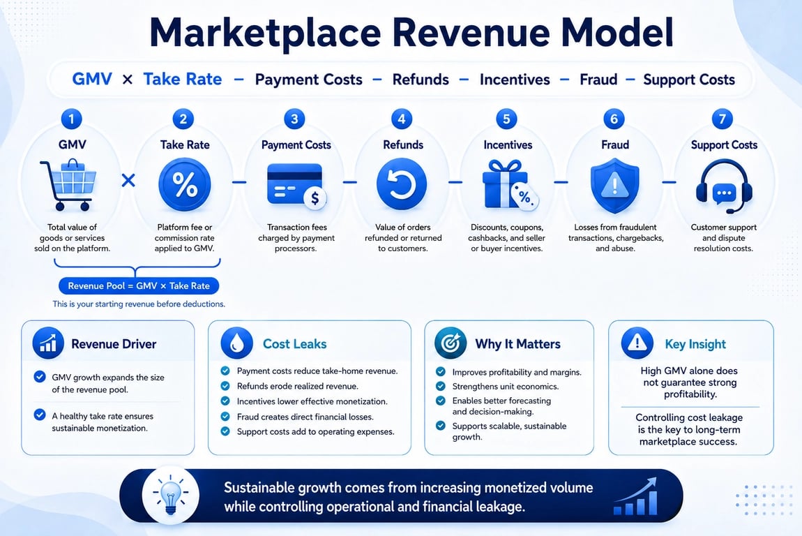 Marketplace revenue model infographic showing GMV, take rate, payment costs, refunds, incentives, fraud, and support costs.