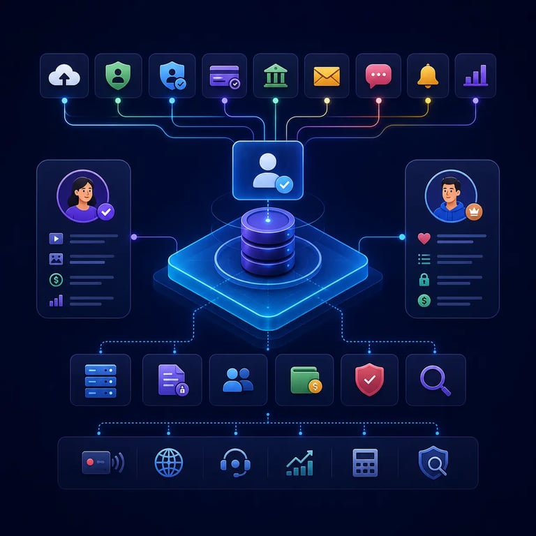 Creator platform architecture connecting media delivery, identity and age assurance, payments, payouts, messaging, analytics, moderation, support, search and fraud monitoring