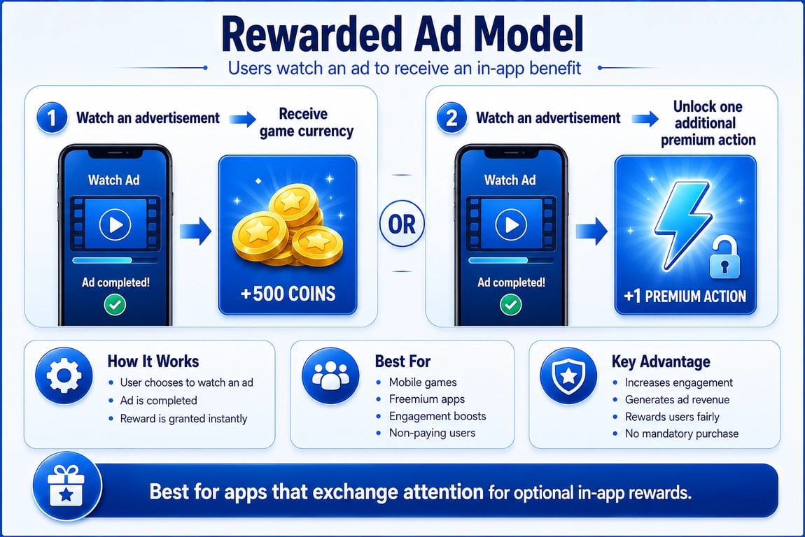 Rewarded ad model infographic showing users watching ads to earn game currency or unlock premium app actions.