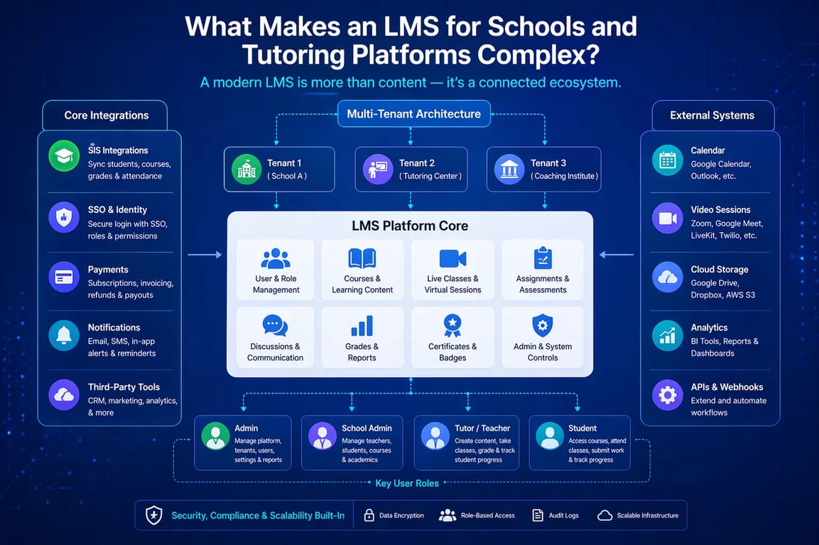 Custom SaaS LMS architecture showing multi-tenant setup