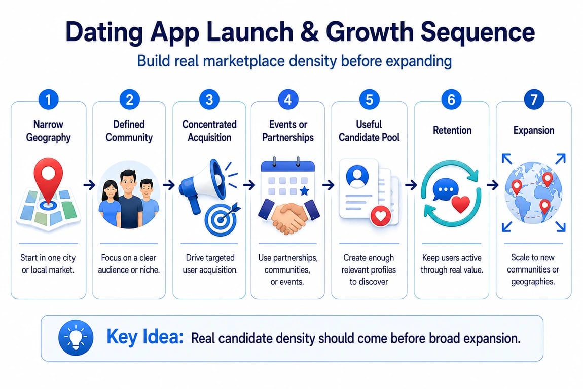 Dating app launch roadmap from narrow geography to sustainable expansion.