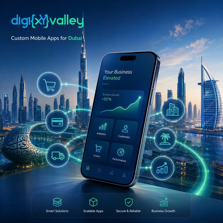 Custom mobile app solutions for Dubai businesses with Digixvalley branding and Dubai skyline