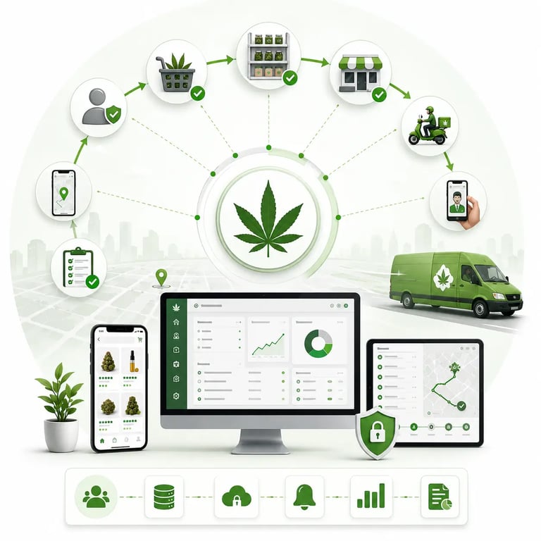 Cannabis delivery app development workflow showing customer eligibility, cart validation