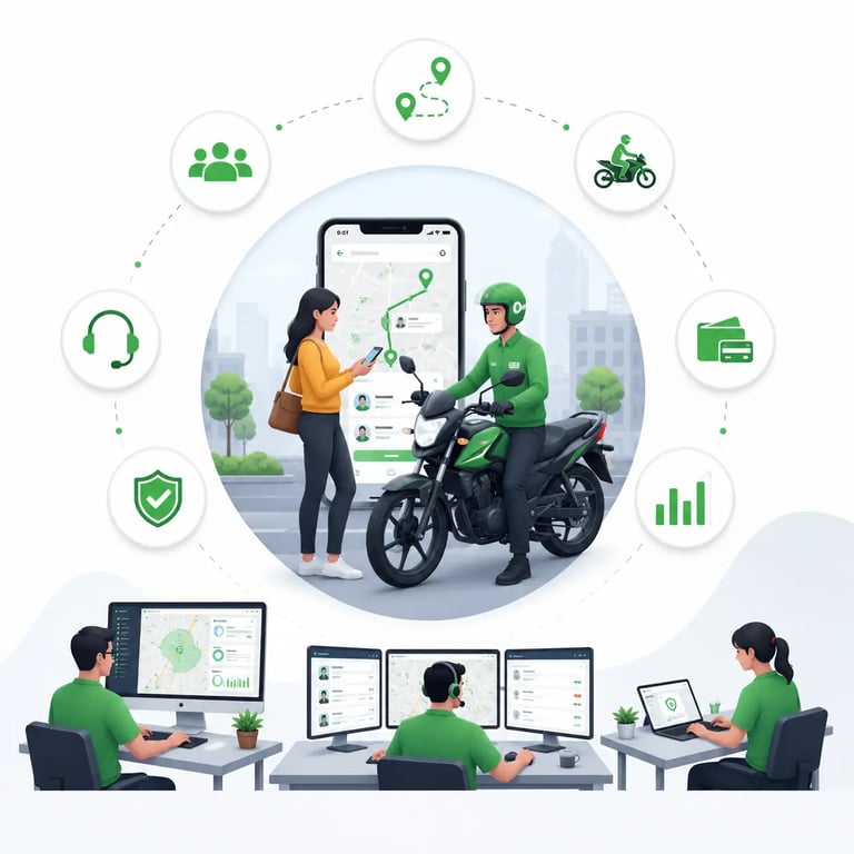 Bike taxi platform connecting riders, drivers, dispatch teams, payments, safety, route management, and operational monitoring.