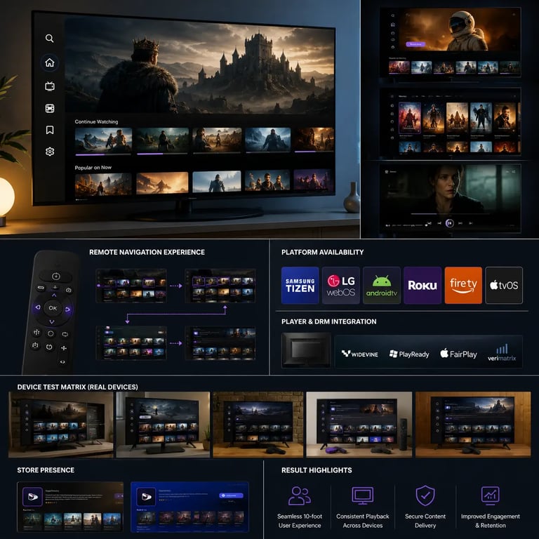 Concept Smart TV product evidence interface illustrating remote navigation, platform listings, secure playback, DRM and device testing