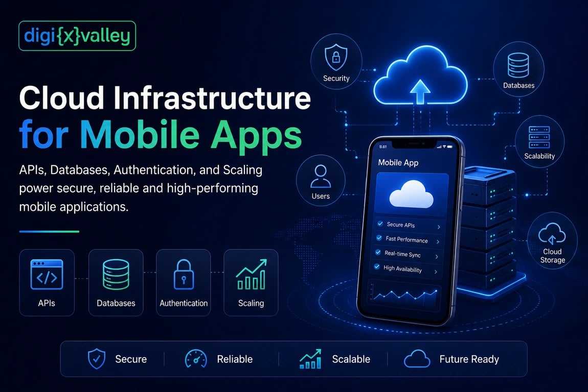 Cloud infrastructure for mobile apps diagram illustrating API gateway, backend services, databases, authentication, cloud storage, and auto scaling
