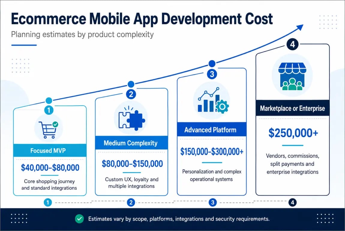 Planning estimates for focused MVPs, medium-complexity apps, advanced platforms, and enterprise marketplaces.