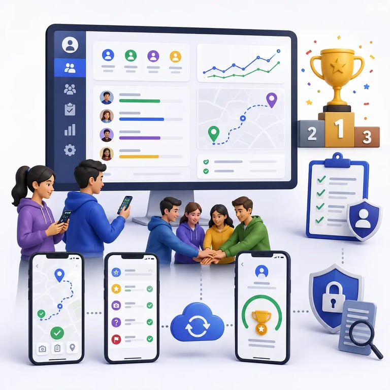 Scavenger hunt management dashboard showing participant teams, synchronized progress, challenge completion, scoring, leaderboard rankings, and audit controls