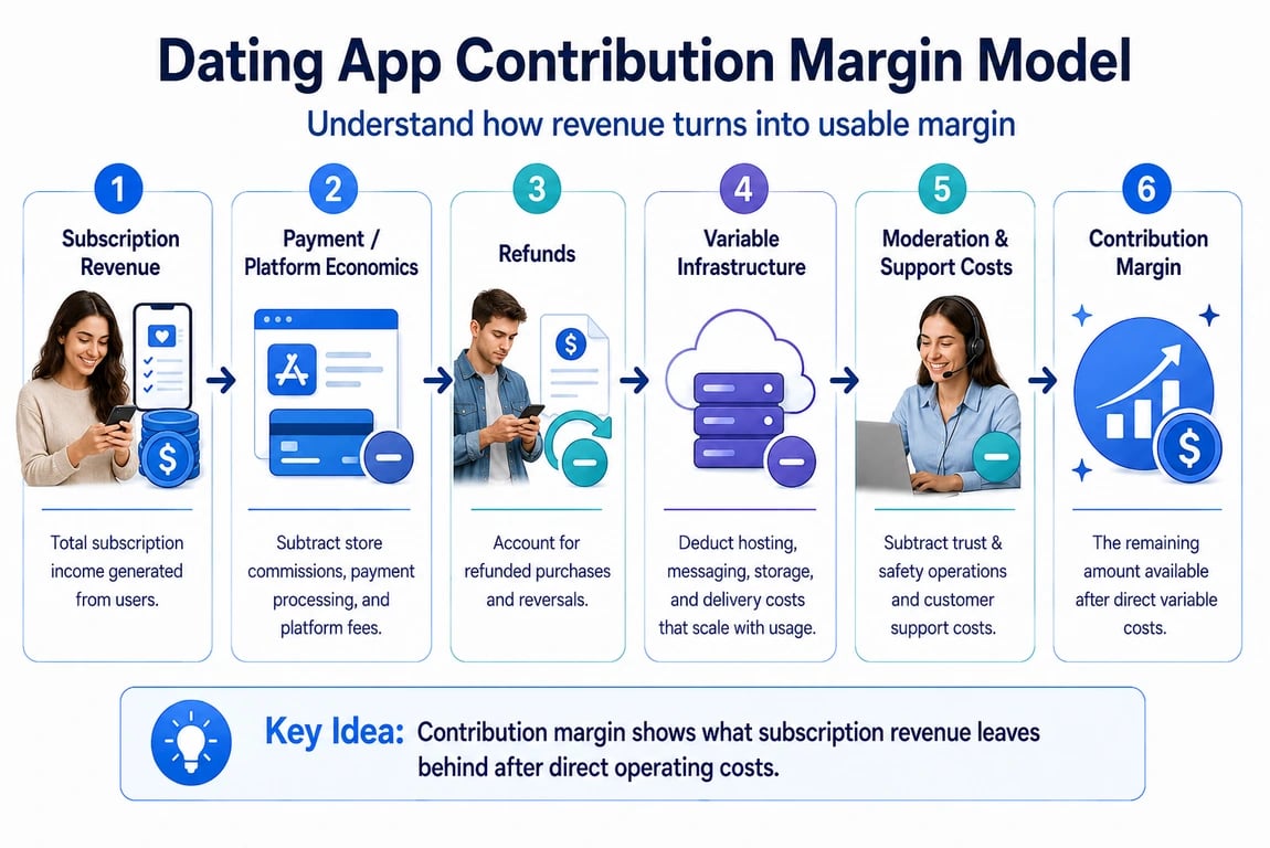 Dating app contribution margin model showing subscription revenue minus platform fees, refunds, infrastructure, and support costs.