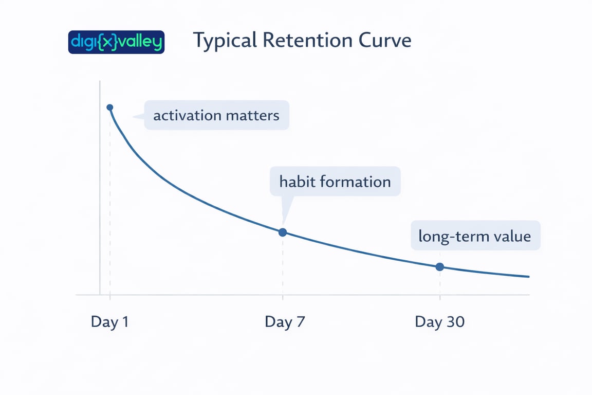 Retention curve with Day 1, Day 7, Day 30 markers and callouts.