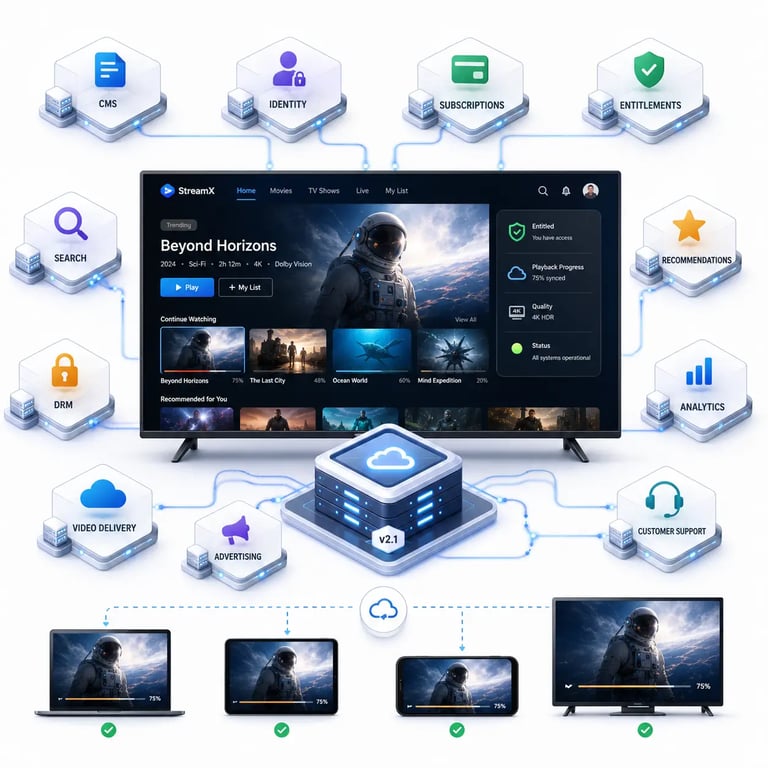 Smart TV platform architecture showing backend integrations for CMS, identity, subscriptions