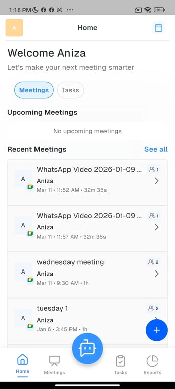 Acumeet AI-generated meeting summary and action item extraction screen