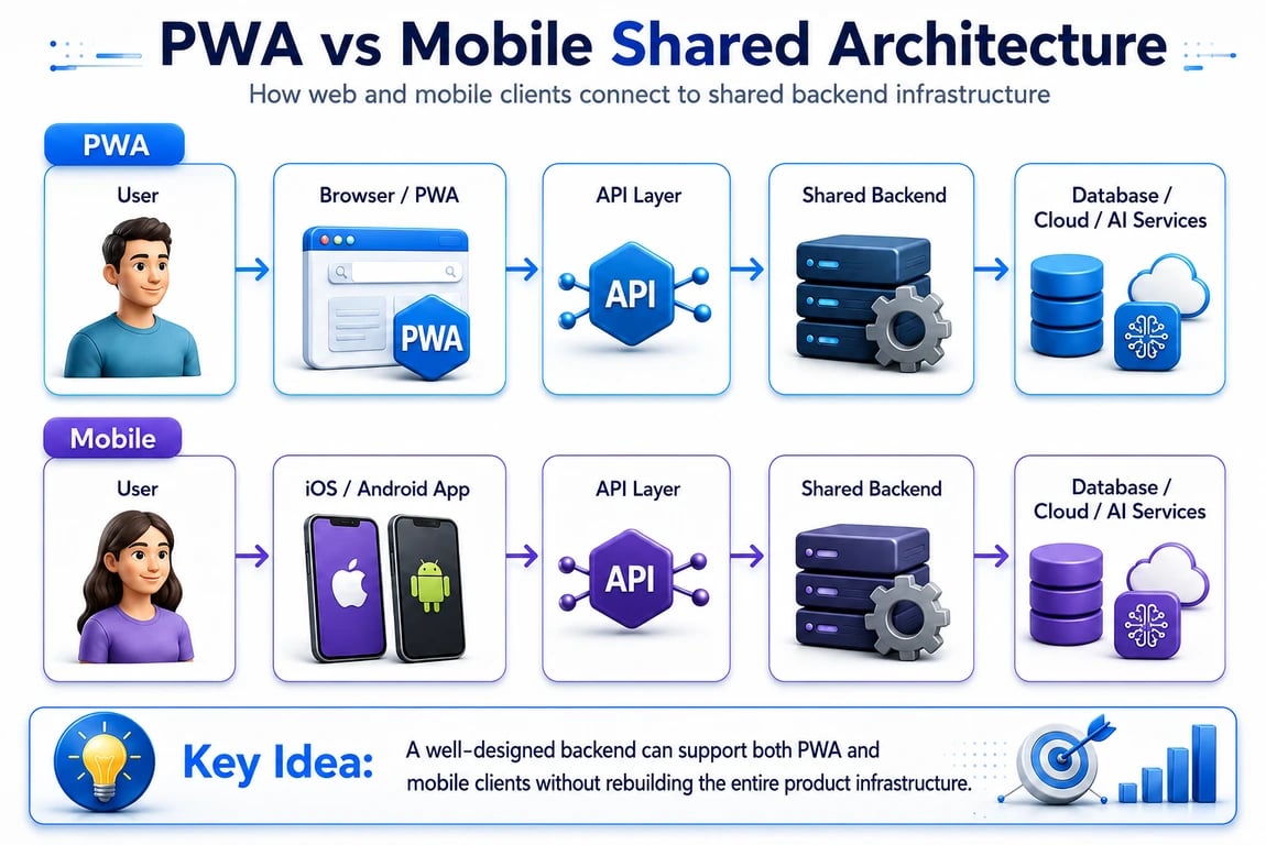 PWA vs mobile app shared architecture showing API layer, backend, cloud, database, and AI services
