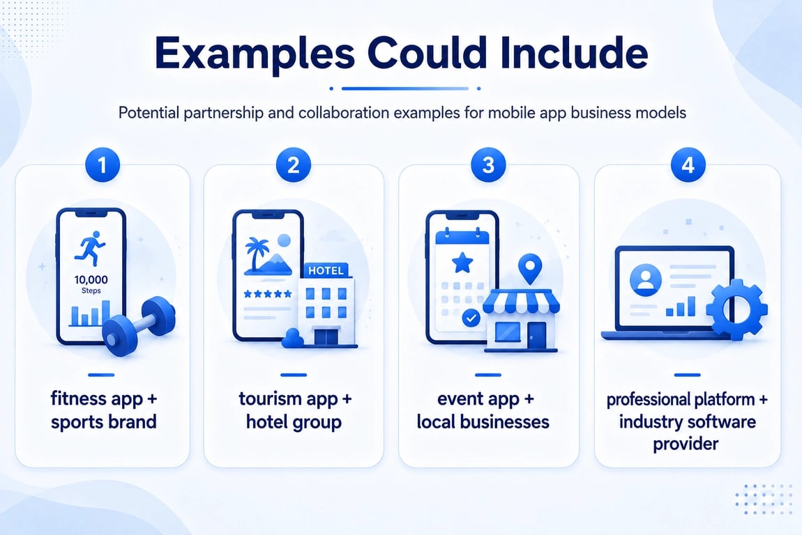 Mobile app partnership examples infographic showing fitness, tourism, event, and professional platform collaborations.