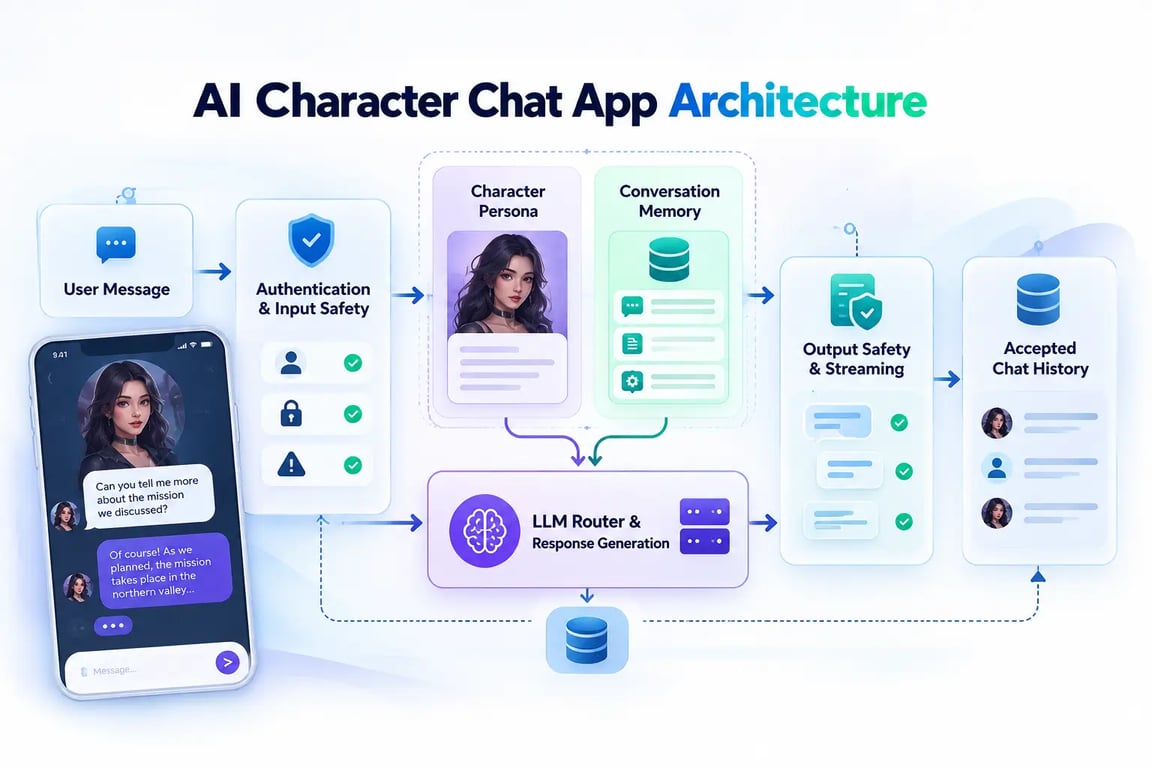 AI character chatbot architecture showing persona configuration, conversation memory, LLM response generation and safety validation
