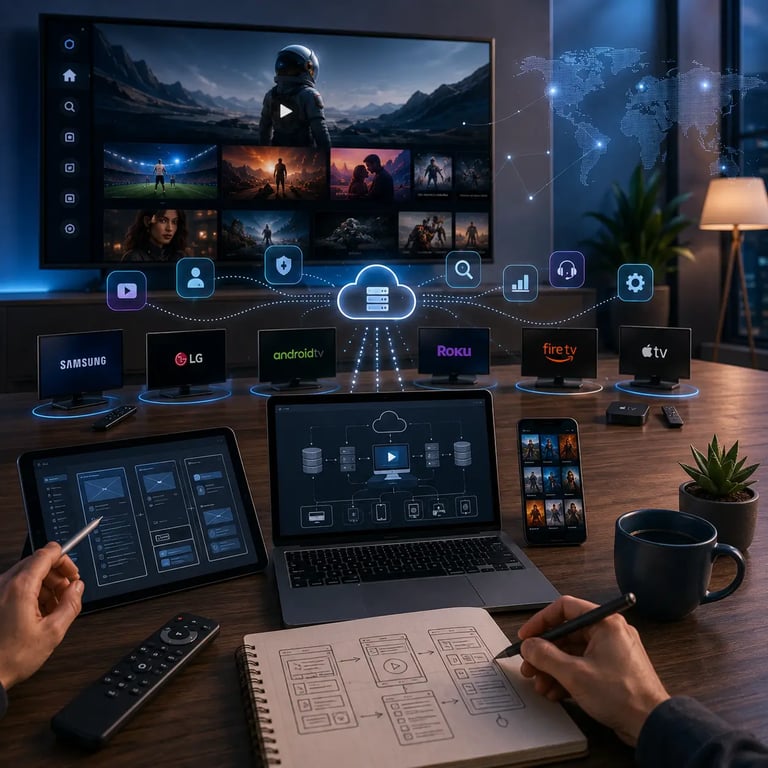 Smart TV application planning workspace showing television platform strategy, backend architecture, streaming ecosystem, remote interface design and multi-device development planning