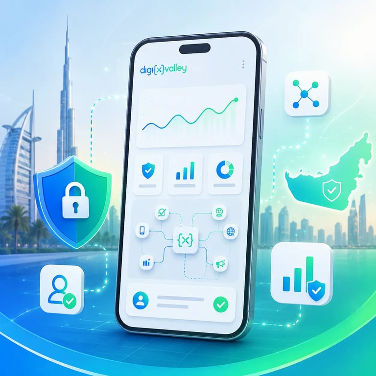 Privacy-aware app marketing in the UAE with secure analytics dashboard and data tracking visuals