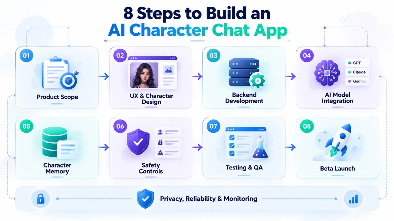 Eight-step AI character app development process from product discovery and design to testing and launch