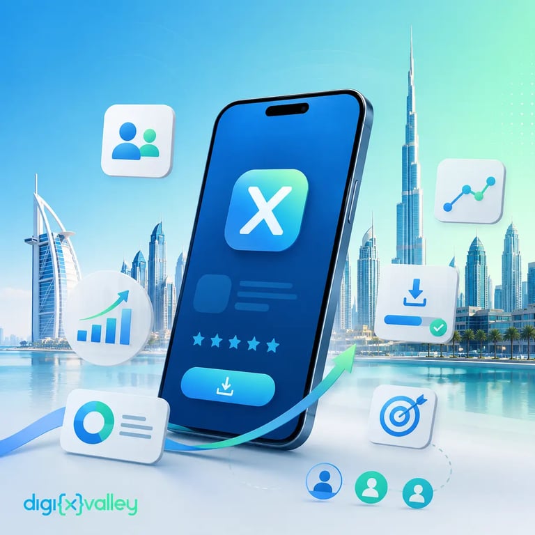 App marketing services in Dubai with mobile growth analytics and Dubai skyline