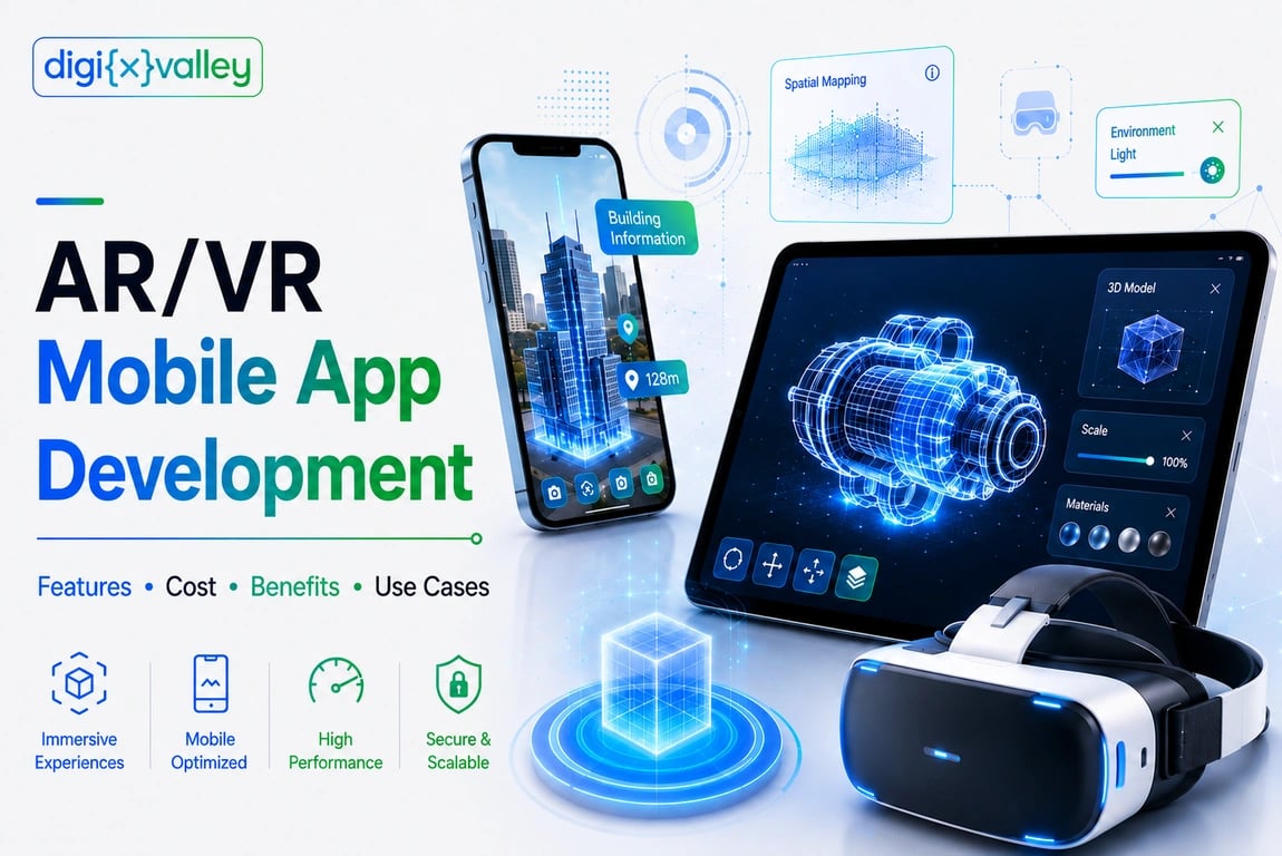 AR/VR mobile app development with smartphone, 3D model, and VR headset
