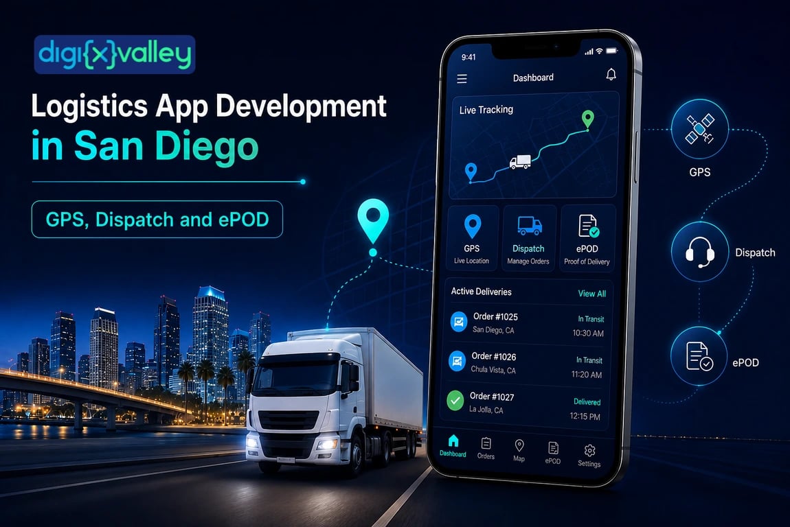 Logistics app development in San Diego featuring GPS tracking, dispatch management, ePOD, delivery truck, route optimization, and mobile logistics dashboard