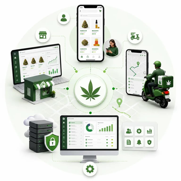 Cannabis delivery platform ecosystem showing customer ordering, retailer operations, driver workflows, secure backend services, and administration tools.