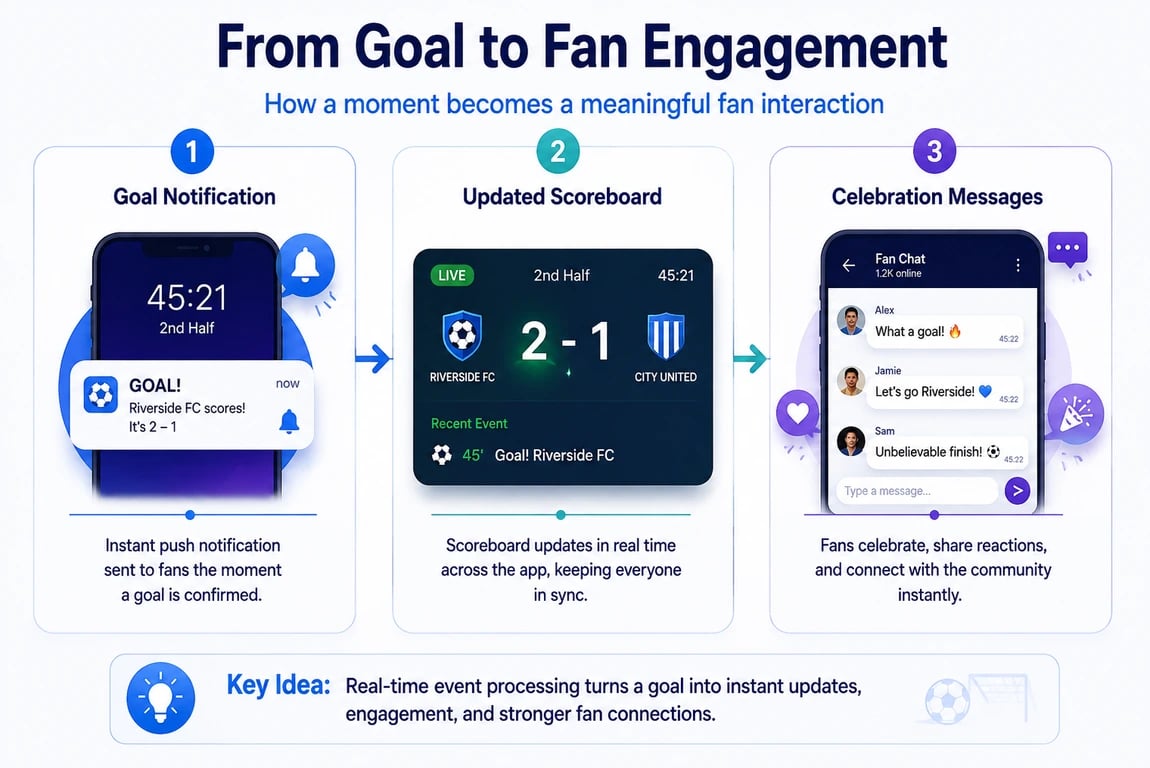 Goal notification to updated scoreboard and fan celebration messages showing real-time sports app engagement flow.