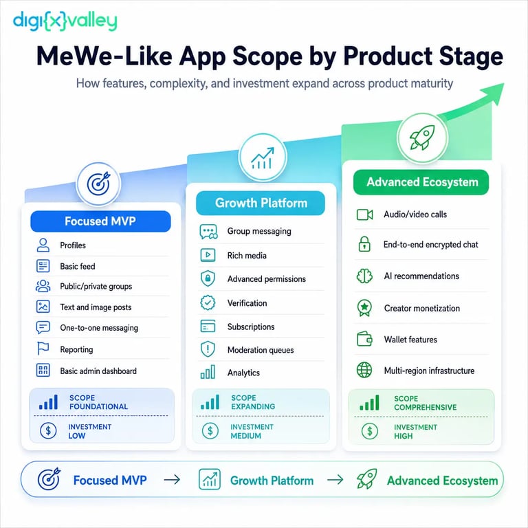 MeWe-like app scope comparison showing Focused MVP, Growth Platform, and Advanced Ecosystem features with increasing complexity and investment.