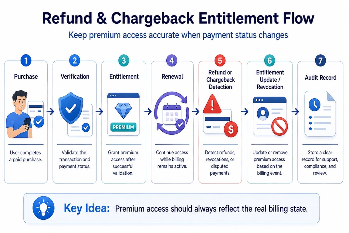 Refund and chargeback flow from purchase verification to entitlement updates and audit records.