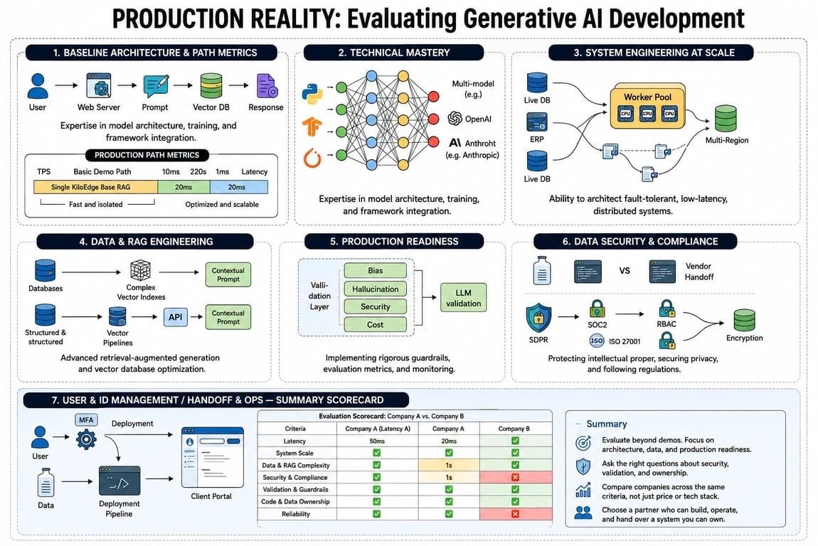 Generative AI development company evaluation infographic covering architecture, RAG, production readiness, security, handoff, and final vendor selection criteria.