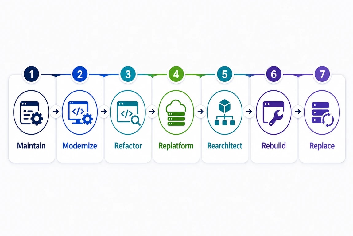 Mobile app modernization path: Maintain, Modernize, Refactor, Replatform, Rearchitect, Rebuild, Replace