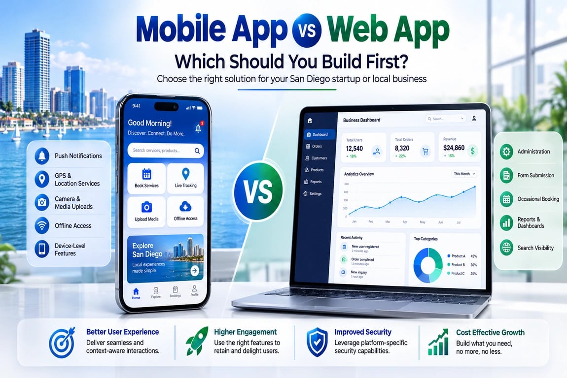 Mobile App vs Web App infographic comparing features, use cases, and platform selection for San Diego startups and local businesses
