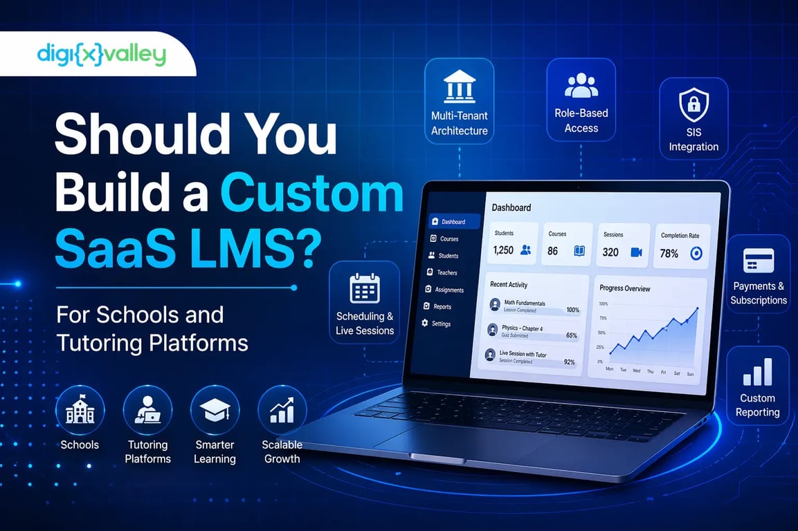 Custom SaaS LMS for schools and tutoring platforms showing dashboard, integrations, and multi-tenant features