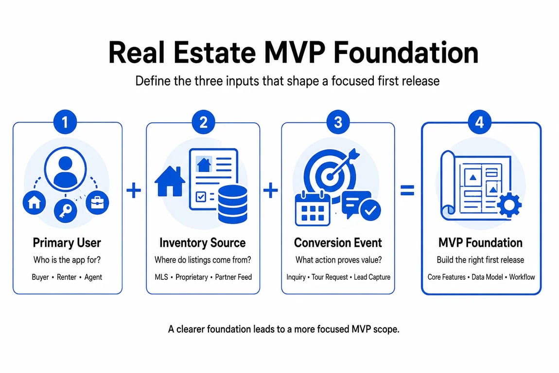 Real estate MVP foundation infographic showing primary user, inventory source, conversion event, and focused MVP planning.