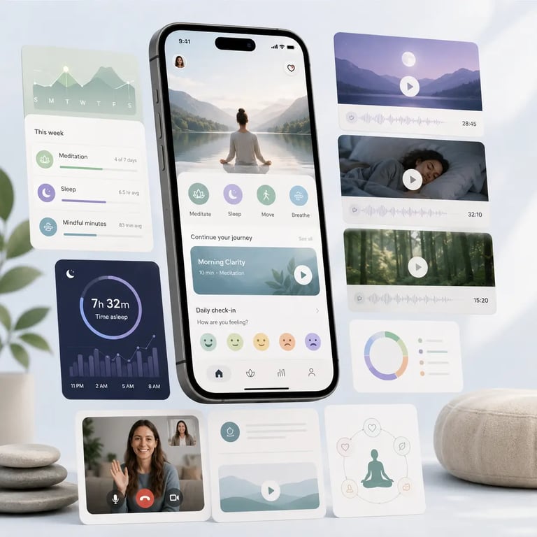 Concept meditation and wellness app interface showing guided sessions, sleep content, mood check-ins, progress insights and coach interaction