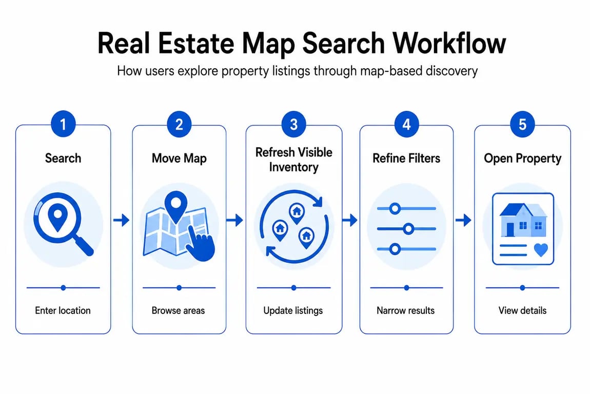 Real estate map search workflow showing property search, map movement, listing refresh, filter refinement, and property details.