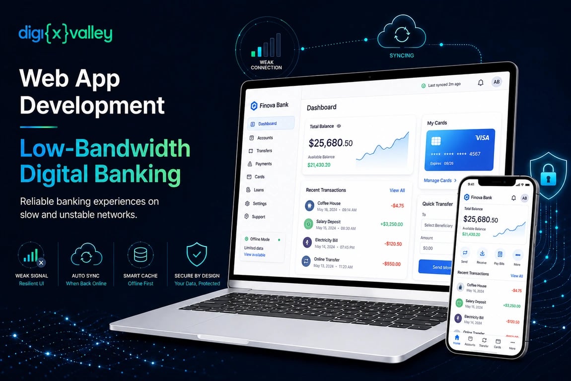 Low-bandwidth banking web app budget breakdown showing frontend, API, security, QA, infrastructure, and integration costs