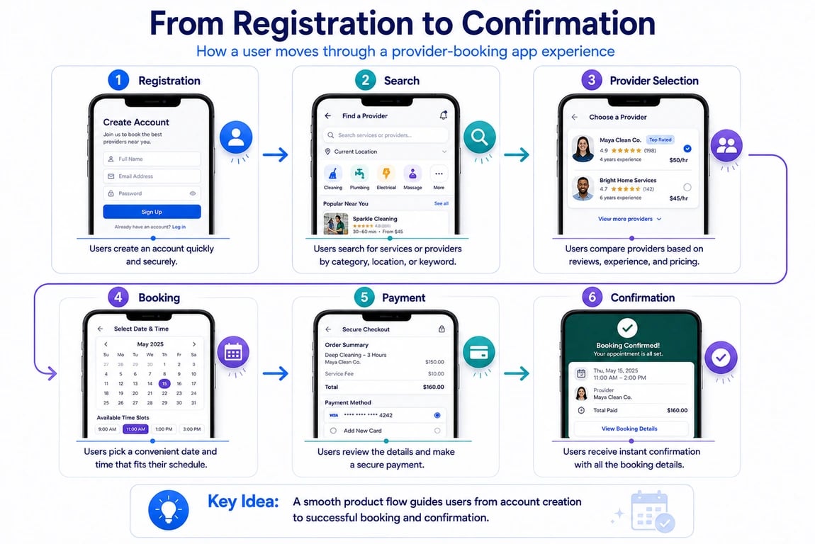 Mobile app user journey from registration and search to provider selection, booking, payment, and confirmation