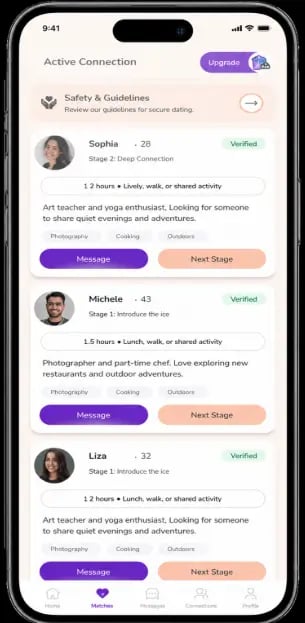 You’re Up Dating guided relationship stages screen
