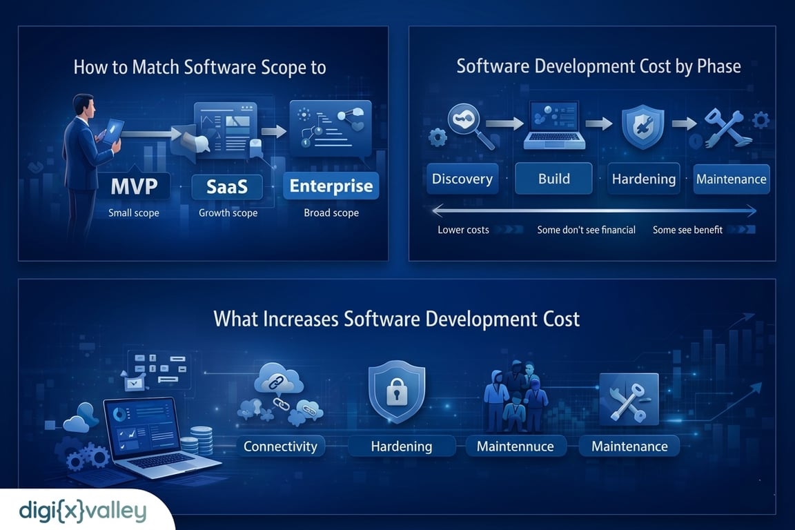 Software scope to budget model showing MVP, SaaS, and enterprise cost progression