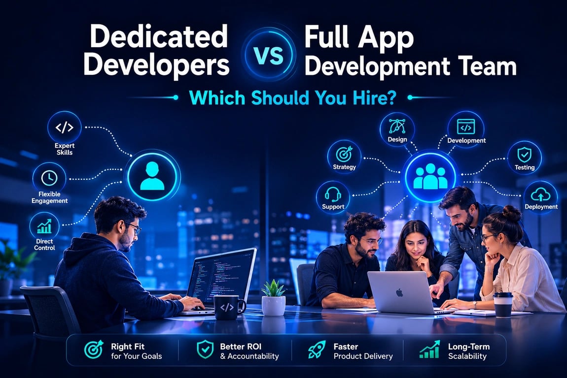 Dedicated developers vs full app development team infographic comparing cost, skills, control, and risks