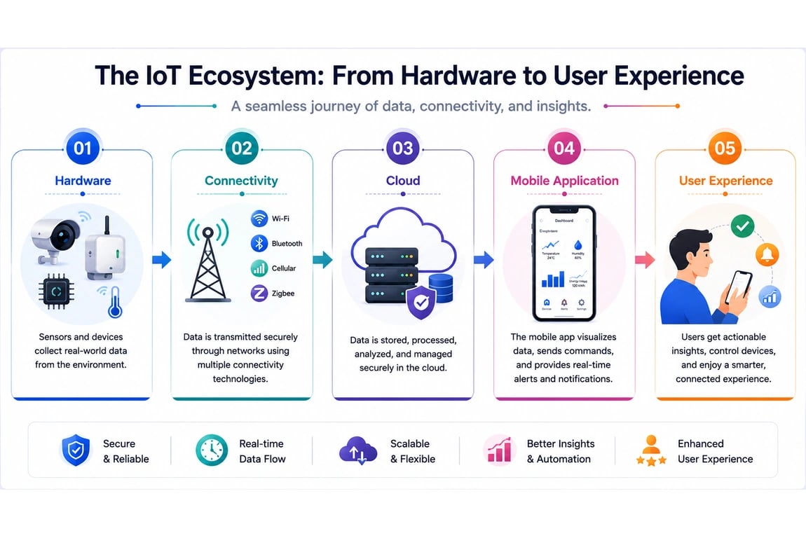 IoT ecosystem infographic showing hardware, connectivity, cloud, mobile application, and user experience from device data collection to actionable insights.
