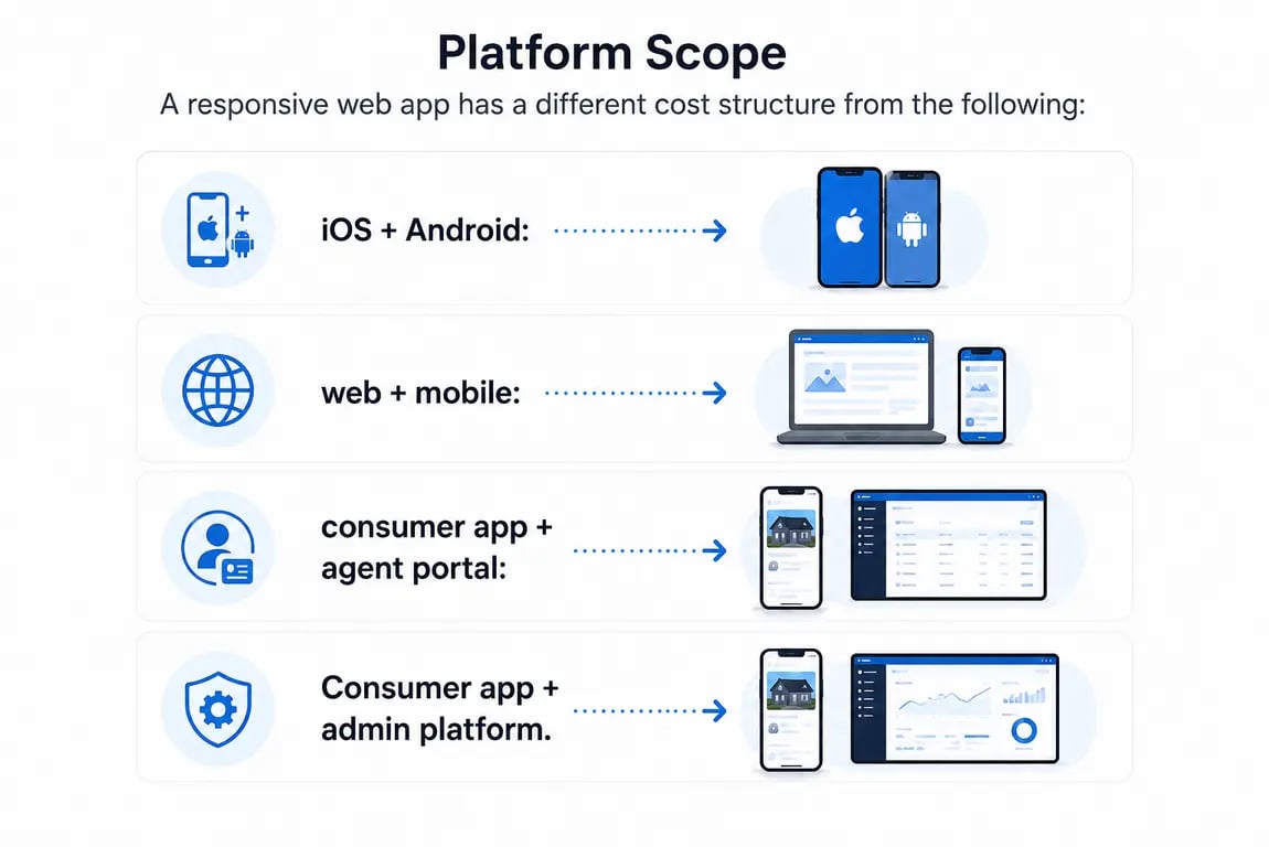 Real estate app development roadmap showing business goals, property data, search and maps, CRM ownership, MVP build, user behavior measurement, and evidence-based expansion.