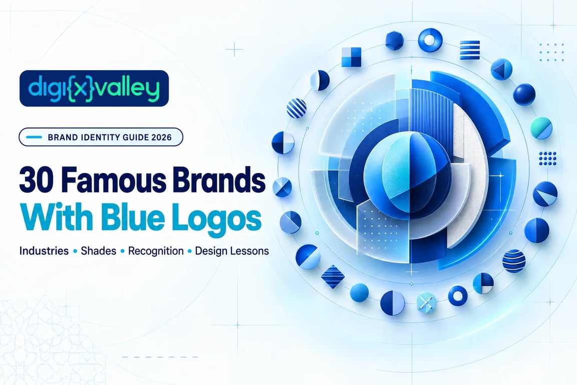 30 famous brands with blue logos and their design patterns