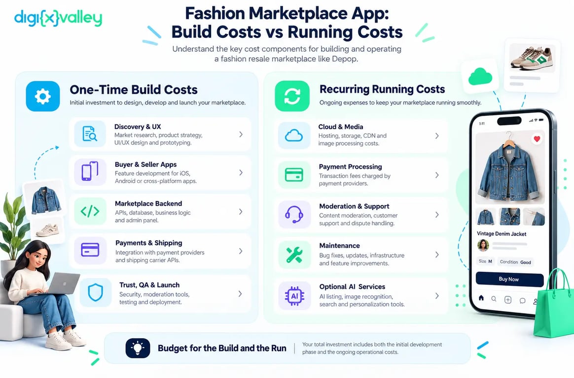 Comparison of one-time fashion marketplace app development workstreams and ongoing operating costs.