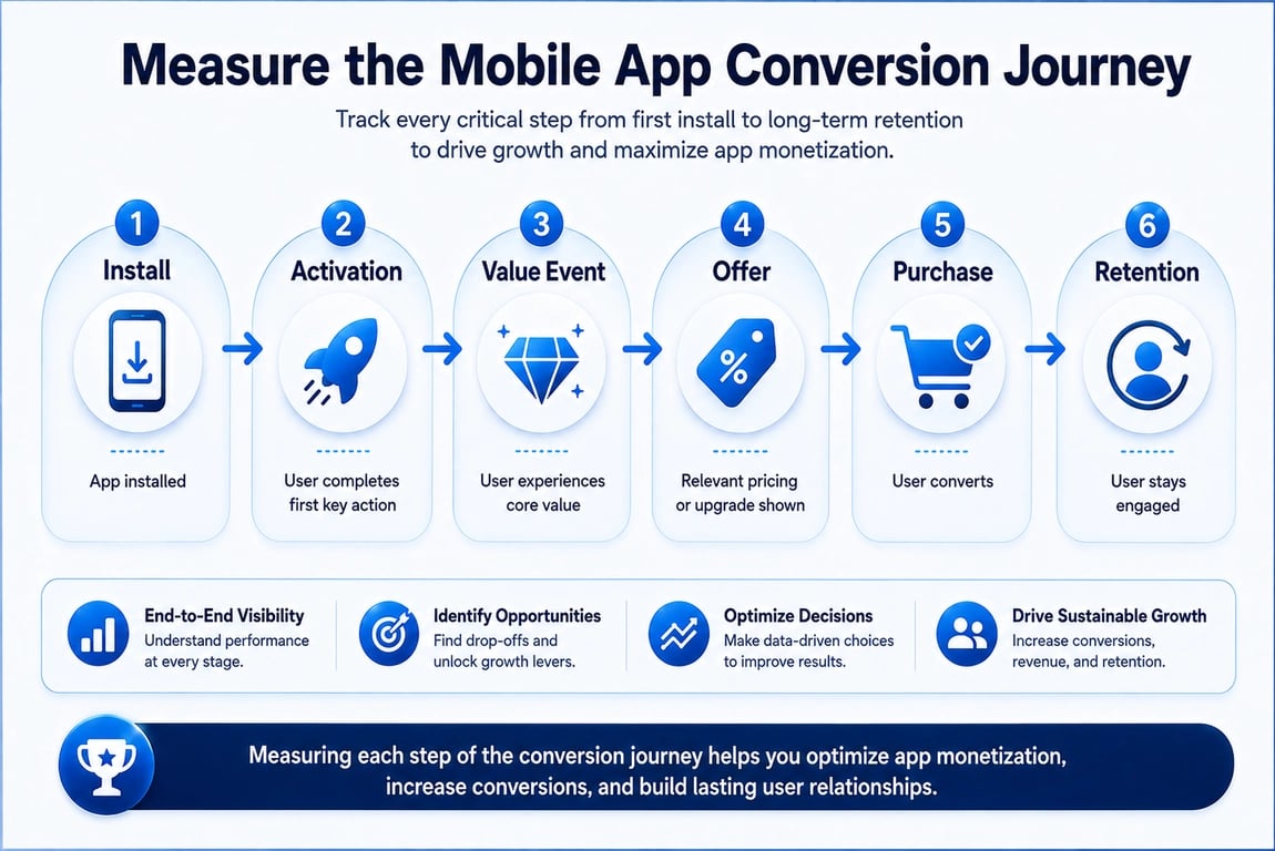Mobile app conversion journey infographic showing install, activation, value event, offer, purchase, and retention stages.