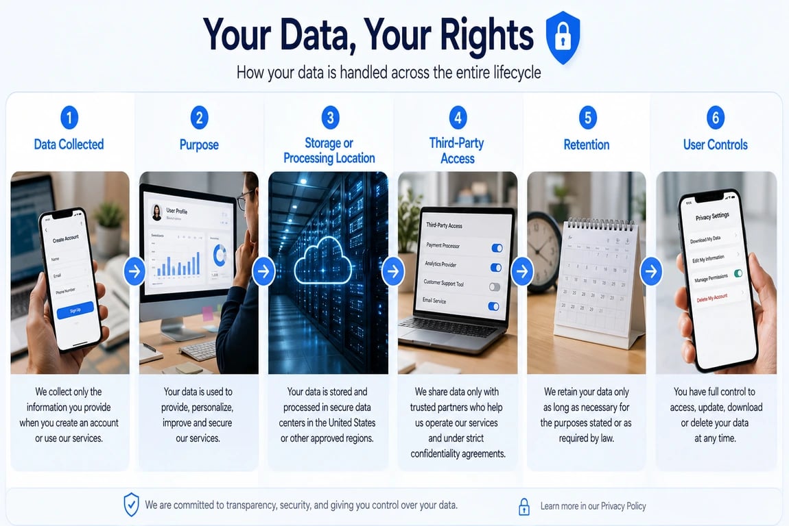 Data privacy lifecycle infographic showing data collection, purpose, storage, third-party access, retention, and user controls