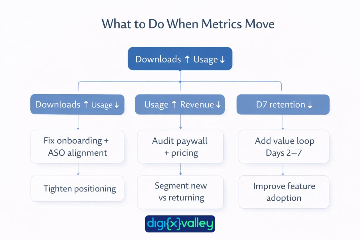 Decision tree: what to do when downloads, usage, or retention changes.