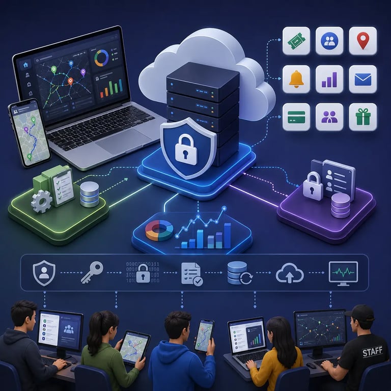 Scavenger hunt platform architecture showing secure cloud servers, participant applications, organizer dashboards, role-based access